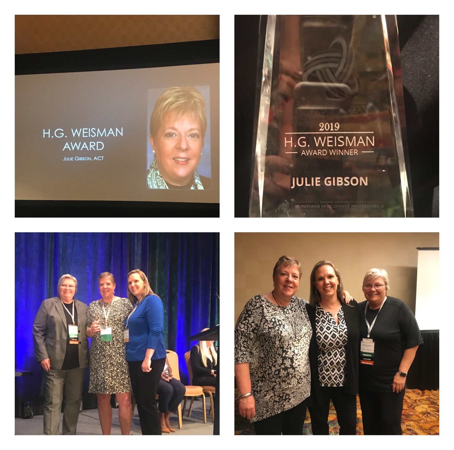 Julie Gibson accepting the 2019 H.G. Weisman Award at the National Association of Workforce Development Professionals Conference.